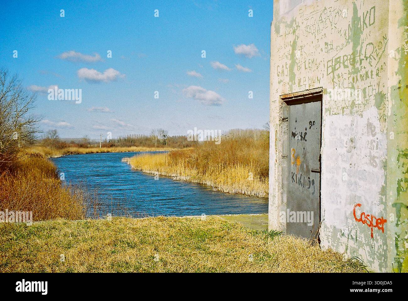Ripresa analogica di una parete di ghiaccio in inverno, con un fiume che riflette il cielo blu, circondato da erba gialla secca sotto la vibrante luce del sole. Foto Stock