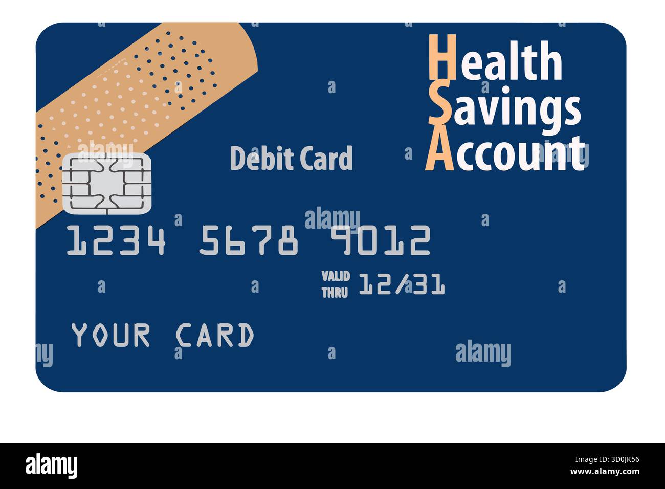 Una carta di debito con un conto di risparmio sanitario decorata con un'immagine di una benda adesiva è visibile in un'illustrazione in 3D. Illustrazione Vettoriale