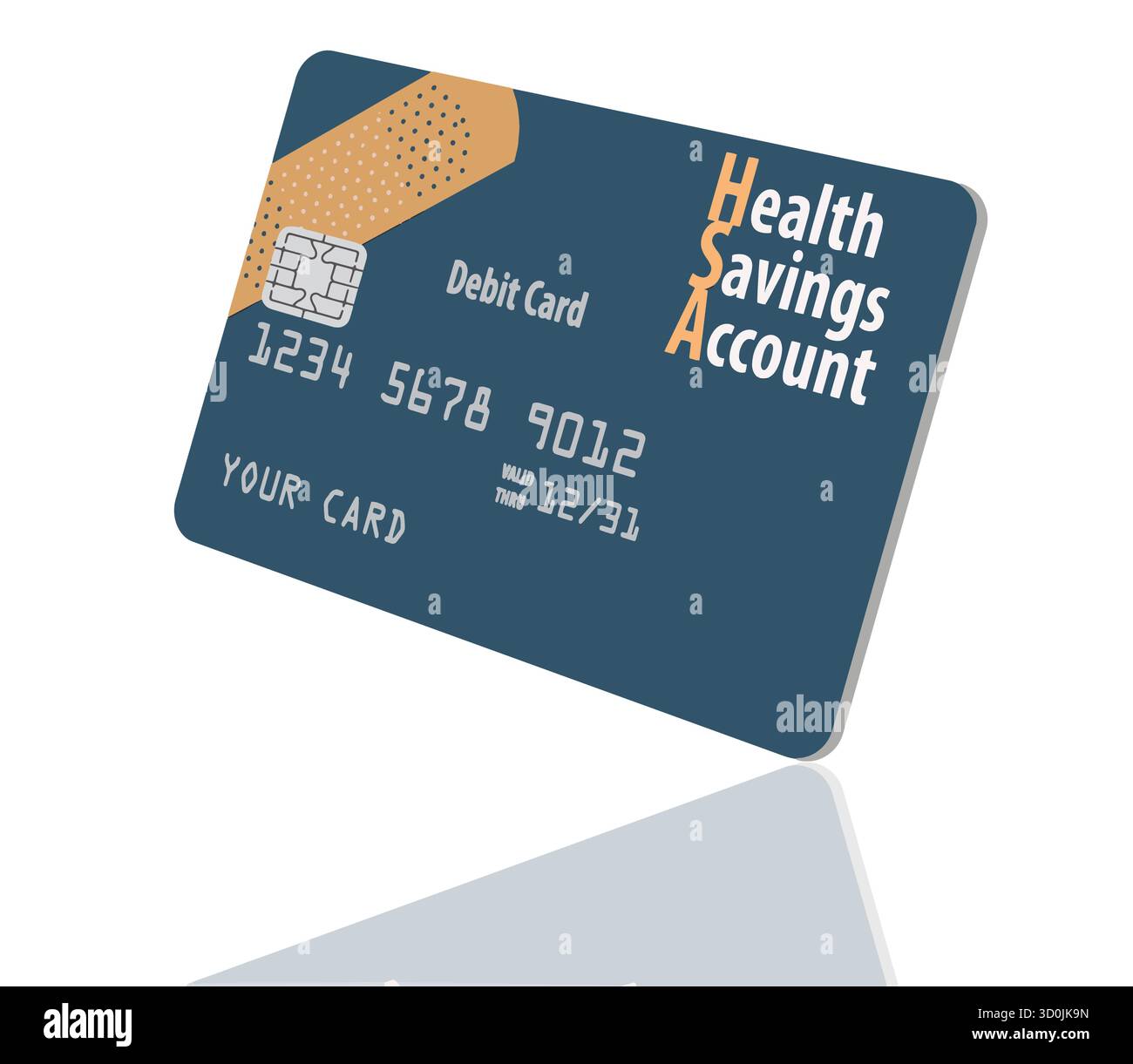 Una carta di debito con un conto di risparmio sanitario decorata con un'immagine di una benda adesiva è visibile in un'illustrazione in 3D. Illustrazione Vettoriale