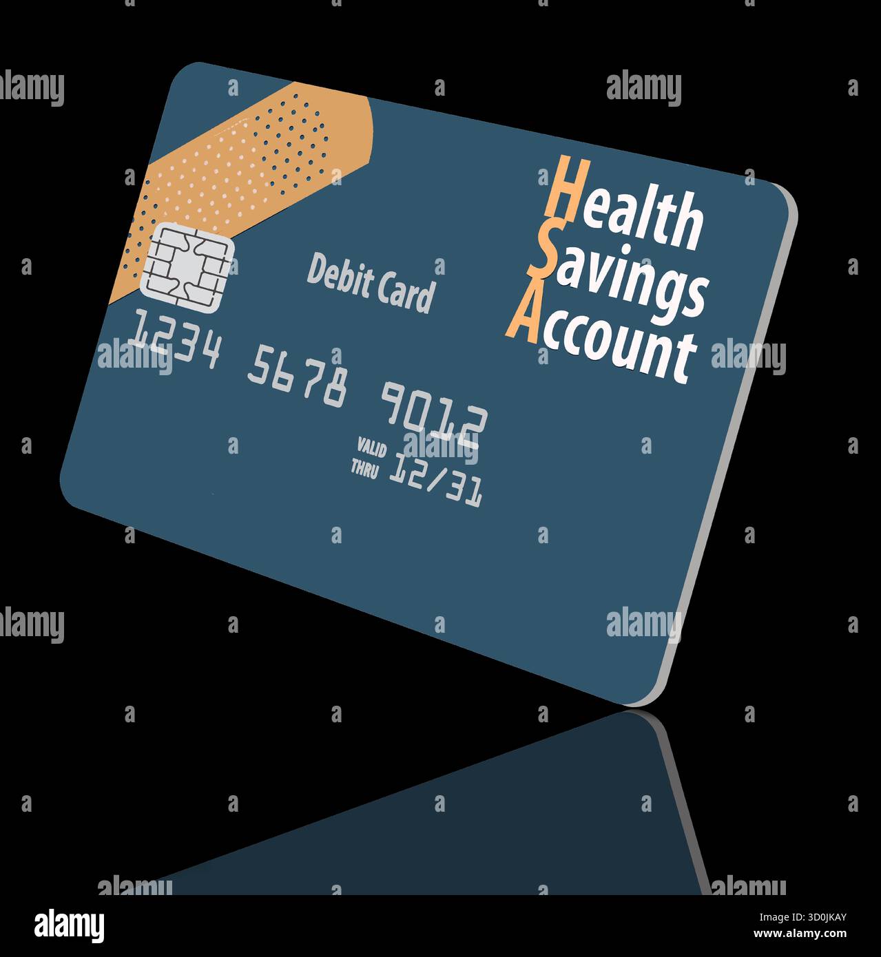 Una carta di debito con un conto di risparmio sanitario decorata con un'immagine di una benda adesiva è visibile in un'illustrazione in 3D. Illustrazione Vettoriale