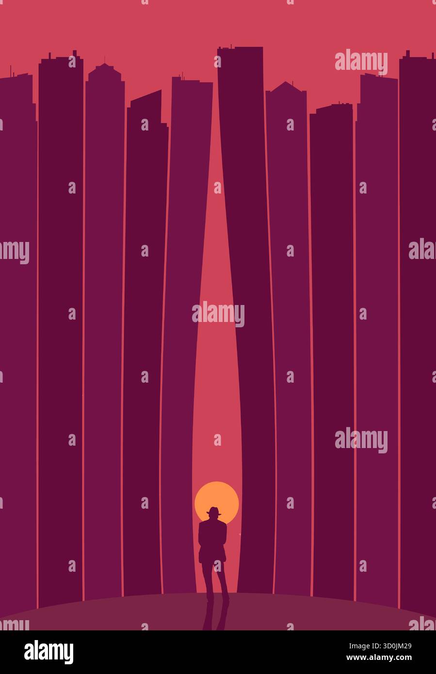 Un uomo dalla silhouette guarda il sole tramontato tra grattacieli urbani che si deformano e si piegano intorno per rendere il sole visibile tra gli edifici. Illustrazione Vettoriale