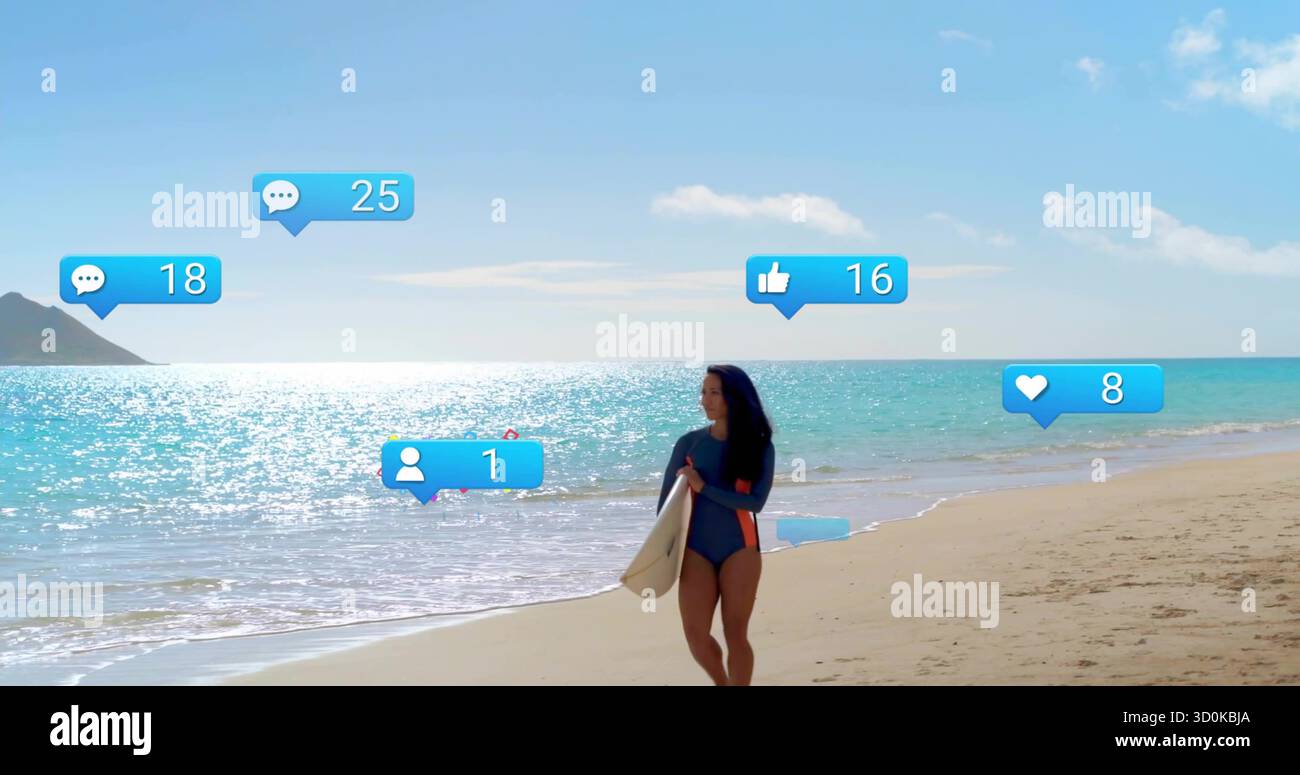 Muta da passeggio surfista che tiene in mano la tavola da surf guardando il mare in spiaggia, con icone sociali e spazio per copiare Foto Stock