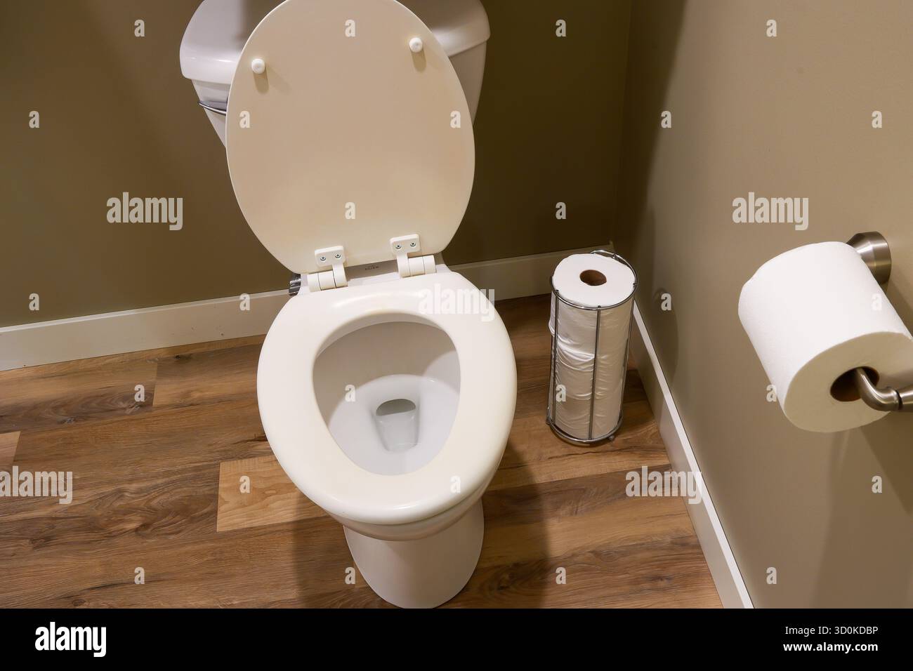 Vaschetta da bagno e porta carta igienica in un angolo del bagno. Foto Stock