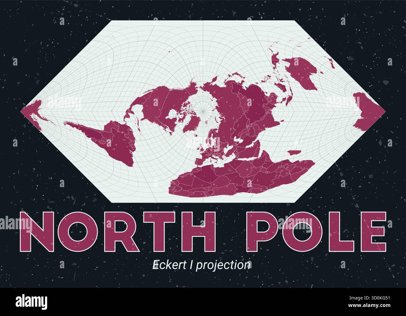 Polo Nord. Mappa del mondo. Proiezione di Eckert i centrata sul Polo Nord. Pallido Mint Dark Pink (Rosa scuro). Texture vintage. Illustrazione vettoriale VIBRANT. Illustrazione Vettoriale