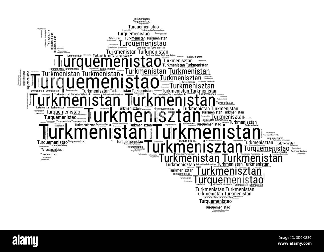Nuvola di parole in bianco e nero a forma di Turkmenistan. Semplice illustrazione del paese in stile tipografico. Illustrazione Vettoriale