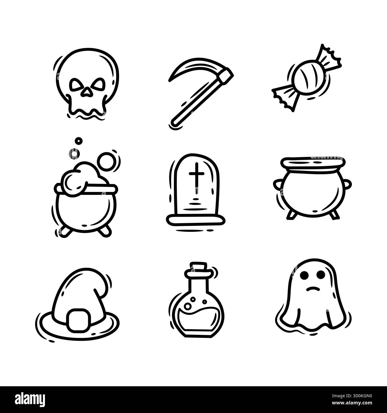 Simpatico set di icone di Halloween con zucca, teschio e cappello da strega – illustrazione vettoriale Foto Stock