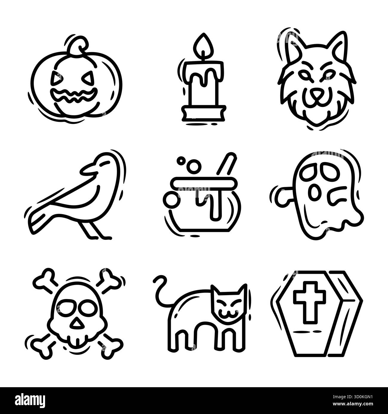 Simpatico set di icone di Halloween con zucca, teschio e cappello da strega – illustrazione vettoriale Foto Stock