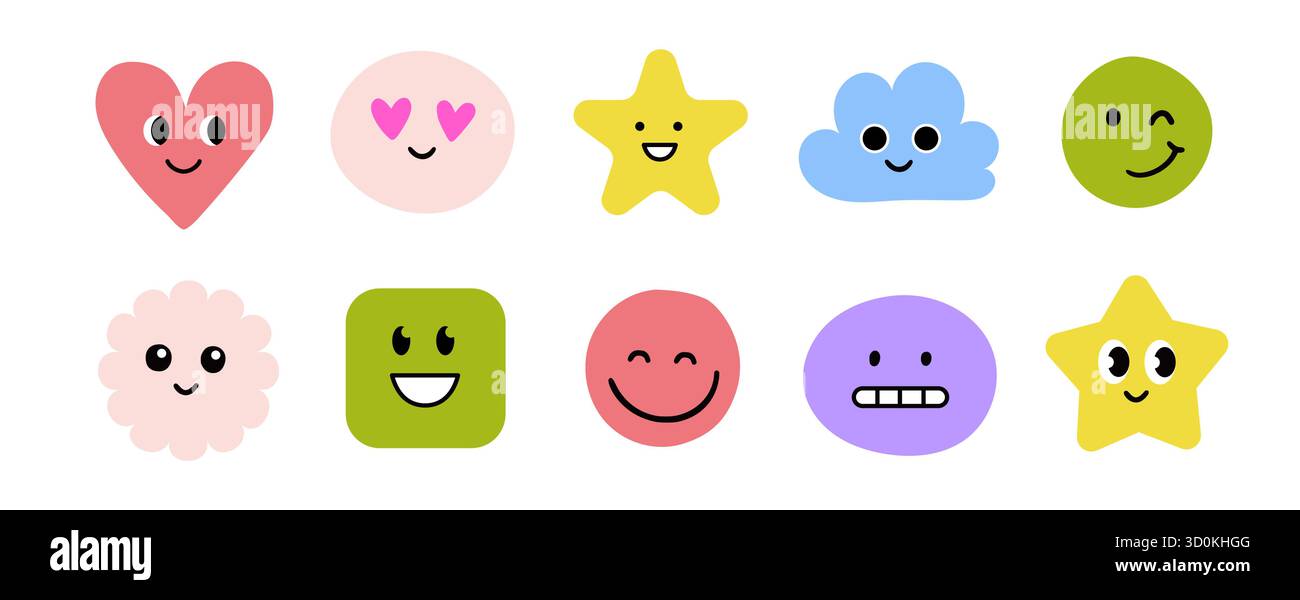 Set di adesivi con icona emoji per il sorriso del viso. Simpatico ragazzo doodle disegnato a mano divertente viso emoji sorriso, felice, triste adesivo. Divertente cartone animato emoticon cuore, stella, forma di fiore. Illustrazione vettoriale Illustrazione Vettoriale