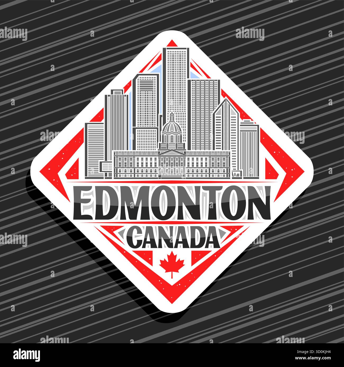 Logo vettoriale per Edmonton, segnaletica stradale decorativa bianca a rombi con illustrazione del paesaggio urbano di edmonton, magnete per frigorifero con design artistico e uniqu Illustrazione Vettoriale