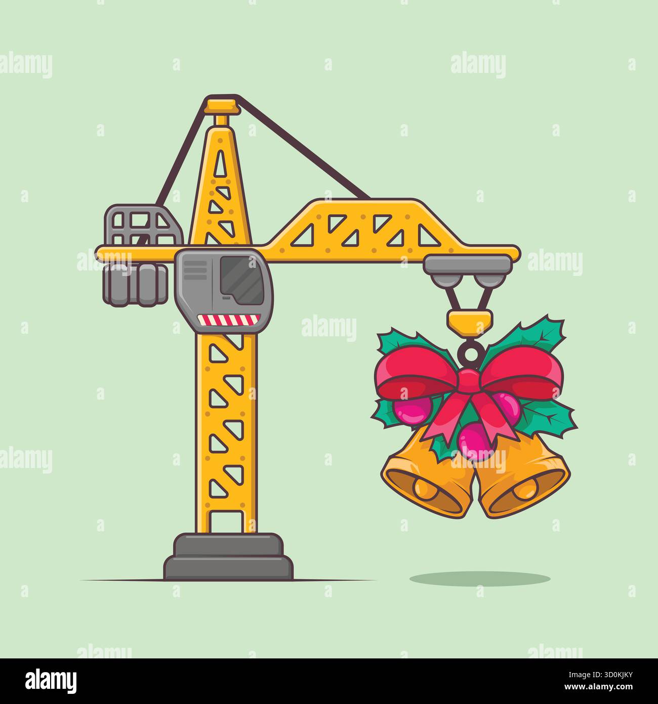 Moderna gru a cartoni animati che solleva una campana natalizia con foglie e nastro. Il vettore perfetto per i temi di costruzione, ingegneria e festività. Illustrazione Vettoriale