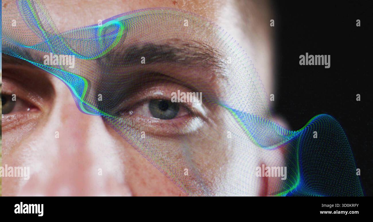 Il viso maschile per adulti rivela la texture della pelle in studio, con onda digitale in mesh al neon Foto Stock