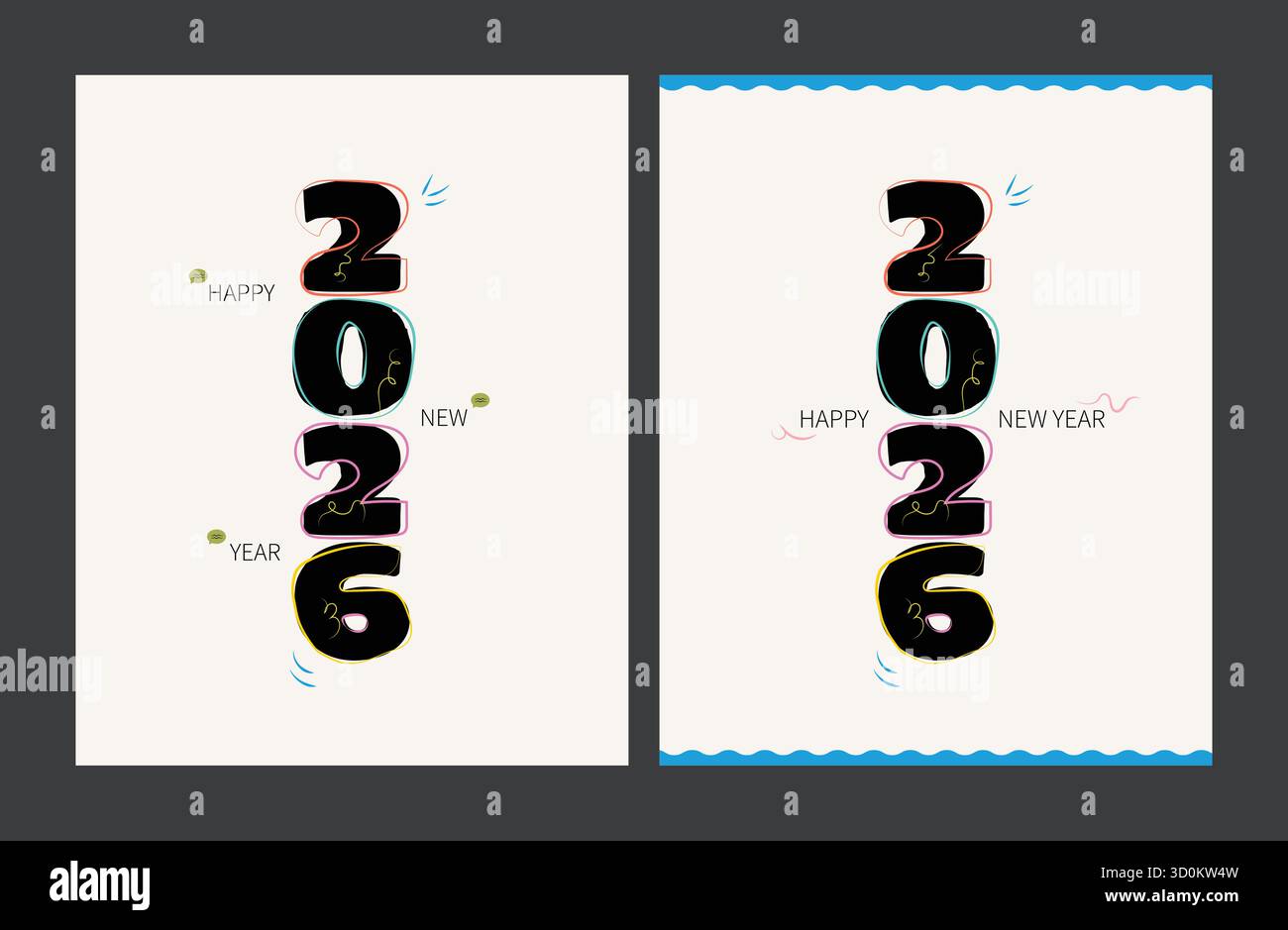 Set di post design verticale creativo felice anno nuovo 2026 con tipografia audace e layout pastello minimale per i moderni saluti digitali e il branding Illustrazione Vettoriale