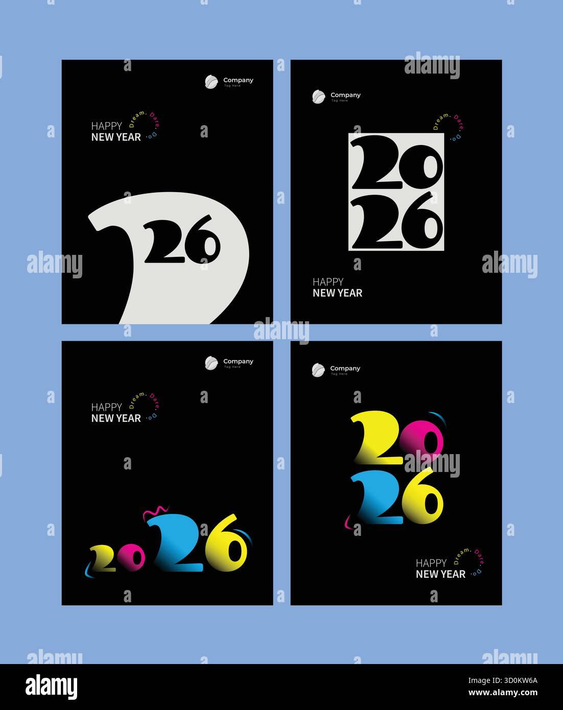 Set di post-design moderno a tema scuro felice anno nuovo 2026 con tipografia colorata e layout minimalista per i messaggi di saluto digitali e l'uso del marchio Illustrazione Vettoriale