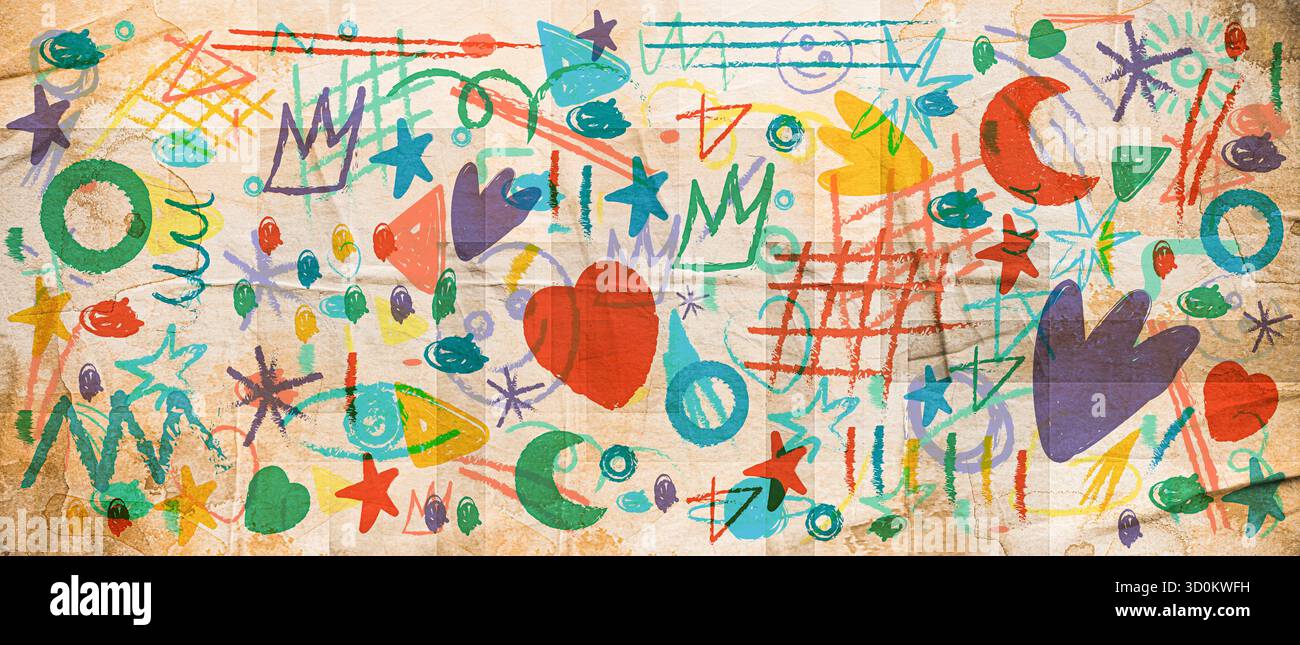 Vibranti Doodles astratti e simboli disegnati a mano su carta marrone vecchia. Vivace collezione di Doodle Art Collection con elementi colorati disegnati e forme divertenti. Foto Stock