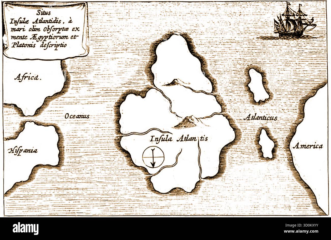 Una mappa di ATLANTIDE del 1665 di Mundus Subterranus. Centrato nell'Oceano Atlantico. (Dalla descrizione di Platone) questa mappa deve essere invertita (dall'alto verso il basso) in modo da riorientarla in conformità alle convenzioni moderne, cioè questa mappa mostra sud in cima alla mappa e nord in fondo. -- carte de l'Atlantide, tirée du Mundus Subterranus de 1665. Centrée sur l'océan Atlantique. (D'après la description de Platon) - Eine Karte von ATLANTIS aus Mundus Subterranus‘ 1665. Im Zentrum der Atlantische Ozean. (aus Platons Beschreibung) - una mappa di ATLANTIDE tratta dal Mundus Subterranus Foto Stock