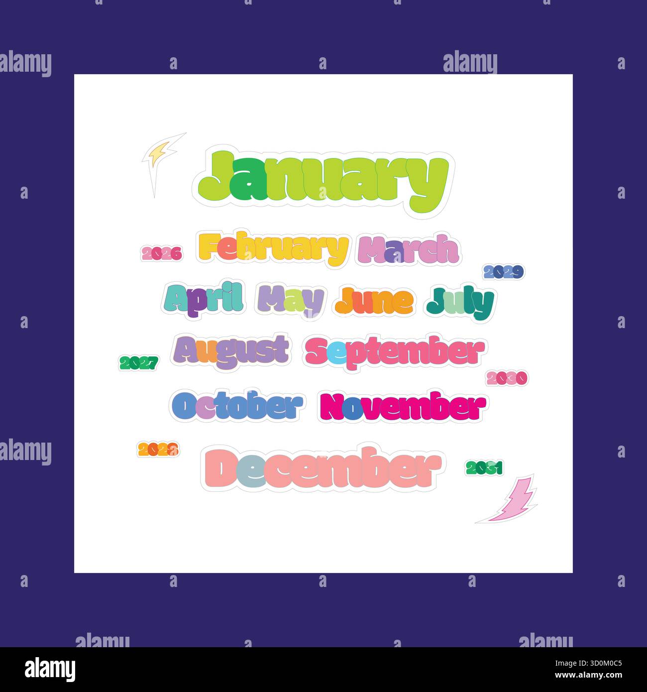 Set di adesivi colorati per mesi e anni con caratteri tipografici audaci per pianificatori e riviste, design vettoriale modificabile per 2026 - 2031 Illustrazione Vettoriale
