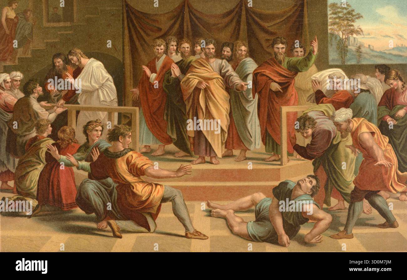 Scena biblica, Bibbia, la morte di Anania. Anania è una figura del nuovo Testamento. Gli atti degli Apostoli riportano che Anania era discepolo di Gesù a Damasco. Illustrazione, riproduzione da un originale del XIX secolo. File autentico ripristinato per un utilizzo ottimale. Data esatta dell'originale sconosciuto. Storico. Foto Stock