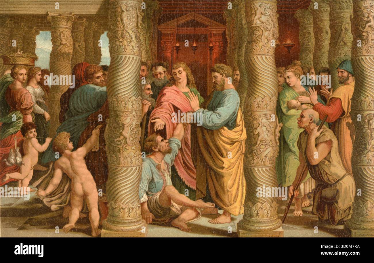 Scena biblica, Bibbia, Gesù guarisce un uomo paralizzato dalla nascita. La guarigione di un uomo paralizzato è descritta in varie storie miracolose del nuovo Testamento. Illustrazione, riproduzione da un originale del XIX secolo. File autentico ripristinato per un utilizzo ottimale. Data esatta dell'originale sconosciuto. Storico. Foto Stock