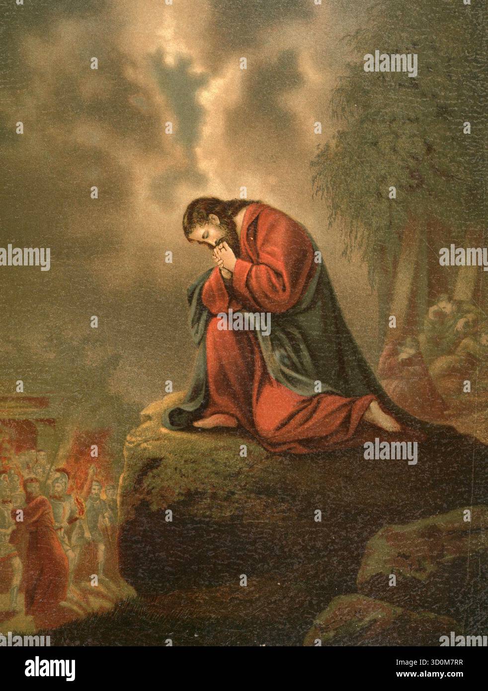 Scena biblica, Bibbia, Getsemani, l'ambientazione della storia della passione di Gesù sul versante occidentale del Monte degli Ulivi, menzionata nel nuovo Testamento. Illustrazione, riproduzione da un originale del XIX secolo. File autentico ripristinato per un uso ottimale, data esatta dell'originale sconosciuto, storico. Foto Stock