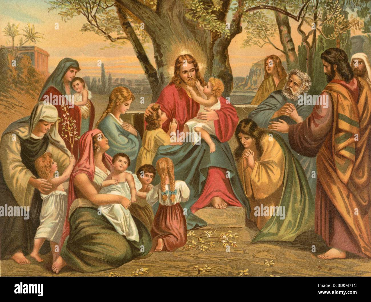 Scena biblica, Bibbia, Gesù benedice i bambini. L'episodio in cui Gesù benedice i bambini è una delle storie bibliche più famose del nuovo Testamento. Illustrazione, riproduzione da un originale del XIX secolo. Autentico. File ripristinato per un utilizzo ottimale. Data esatta dell'originale sconosciuto. Storico. Foto Stock