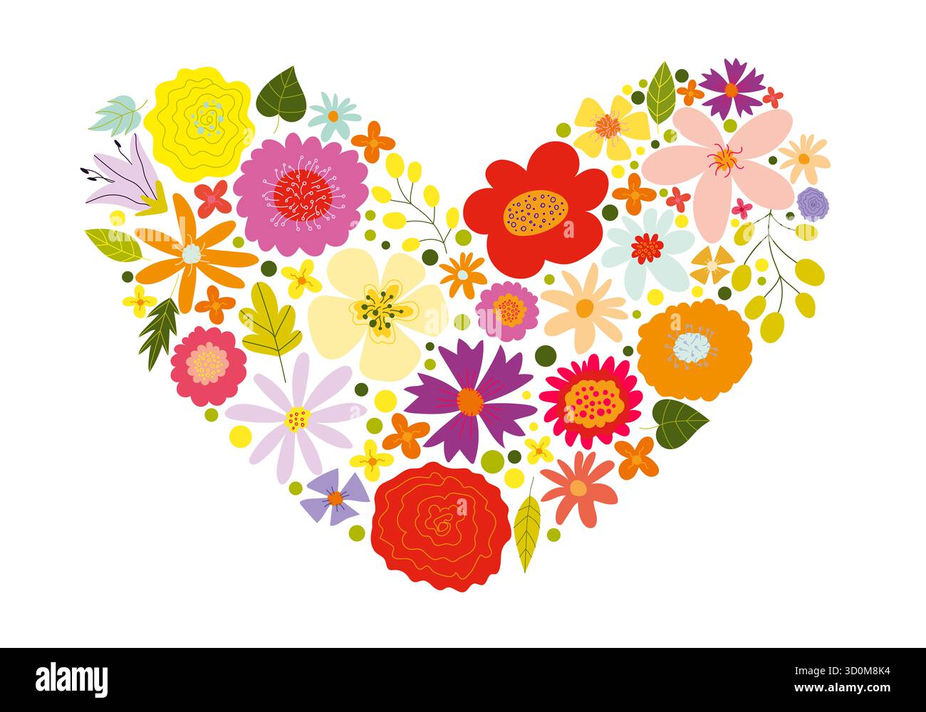 Illustrazione primavera ed estate di cuore fatto di fiori e foglie in stile cartoni animati disegnati a mano. Graziose decorazioni piatte per il design e la stampa delle vacanze. Foto Stock