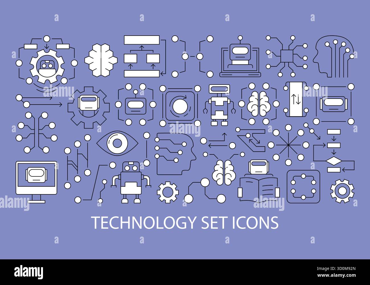 Serie vettoriale di illustrazioni della tecnologia moderna realizzate con icone minimalistiche di intelligenza artificiale, apprendimento automatico, cervello e robot. Art. Linea. Foto Stock
