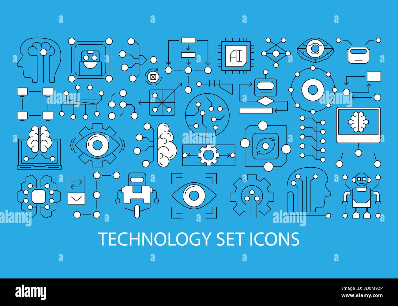 Serie vettoriale di illustrazioni della tecnologia moderna realizzate con icone minimalistiche di intelligenza artificiale, apprendimento automatico, cervello e robot. Art. Linea. Foto Stock