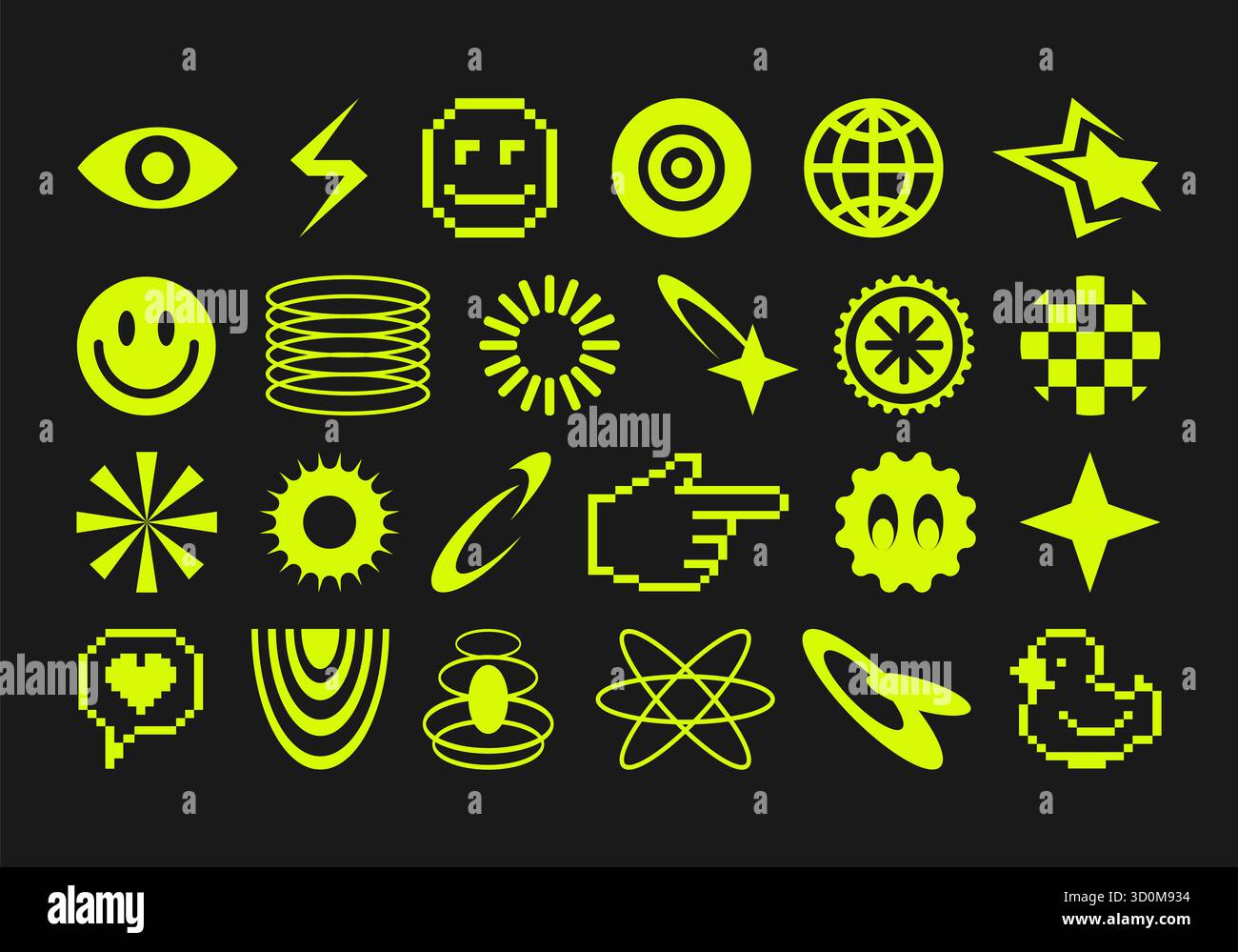 Adesivi Y2K con pixel vivaci e divertenti. Elementi di design retrò futuristici nello spirito dell'estetica anni '90. Icone a 8 bit al neon della raccolta. Interfaccia utente. Foto Stock