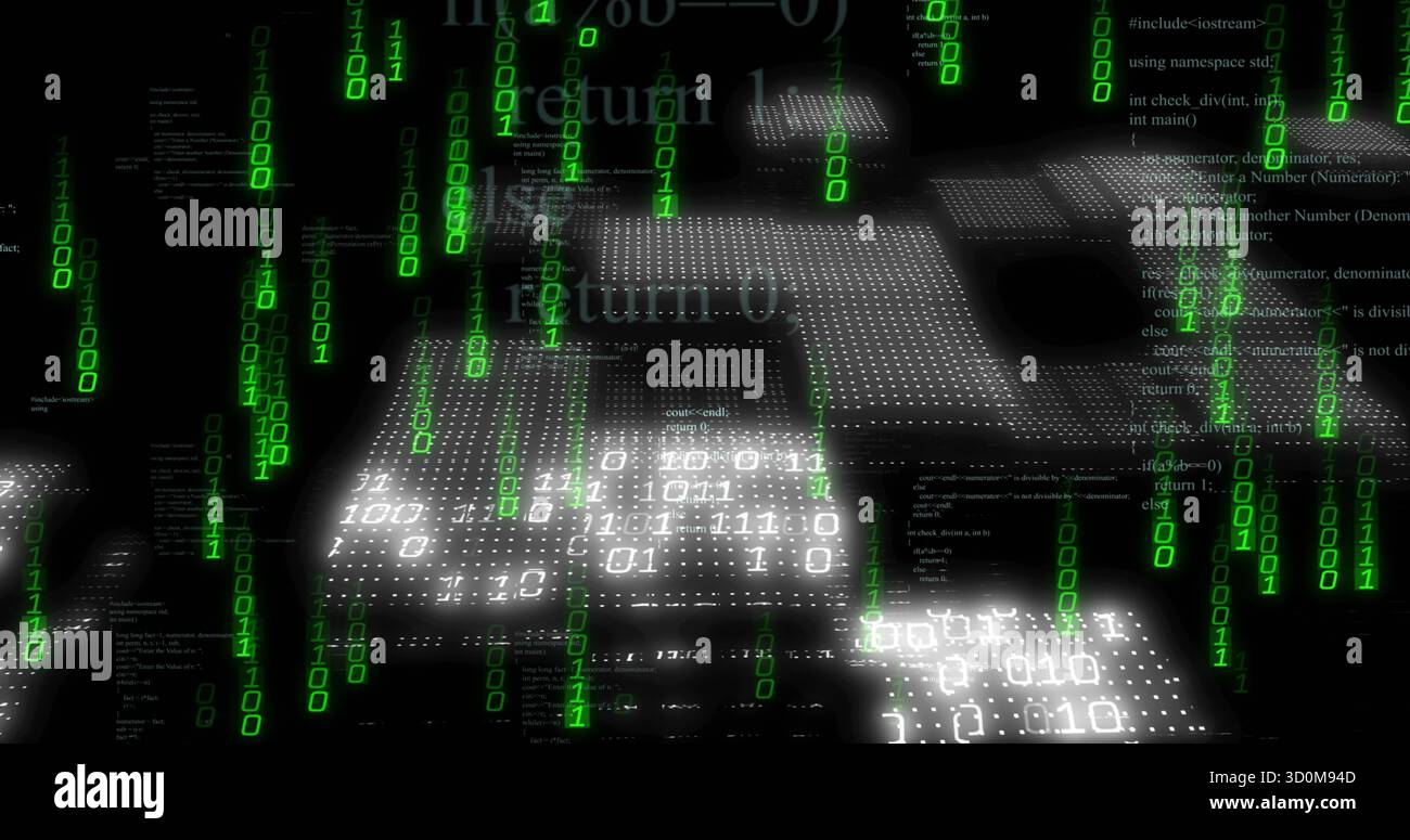 Streaming di cifre binarie verdi e pannelli di codice bianchi che formano una griglia nel cyberspazio con frammenti di codice Foto Stock