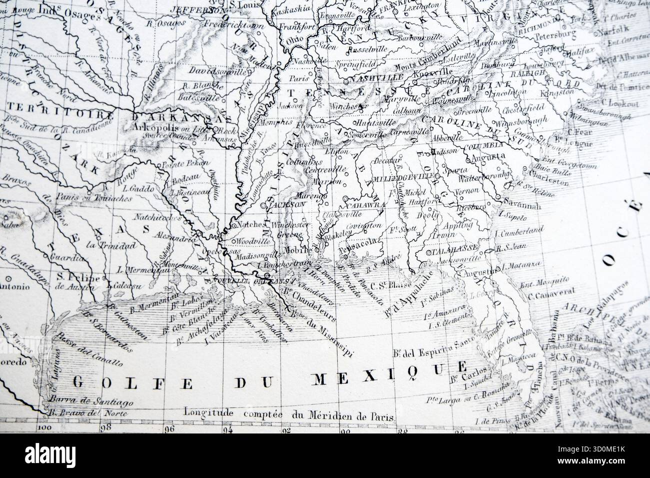 Mappa francese (XIX secolo) del Golfo del Messico e del Sud-est degli Stati Uniti (Texas, Louisiana). In mostra il territorio dell'Arkansas. Foto Stock