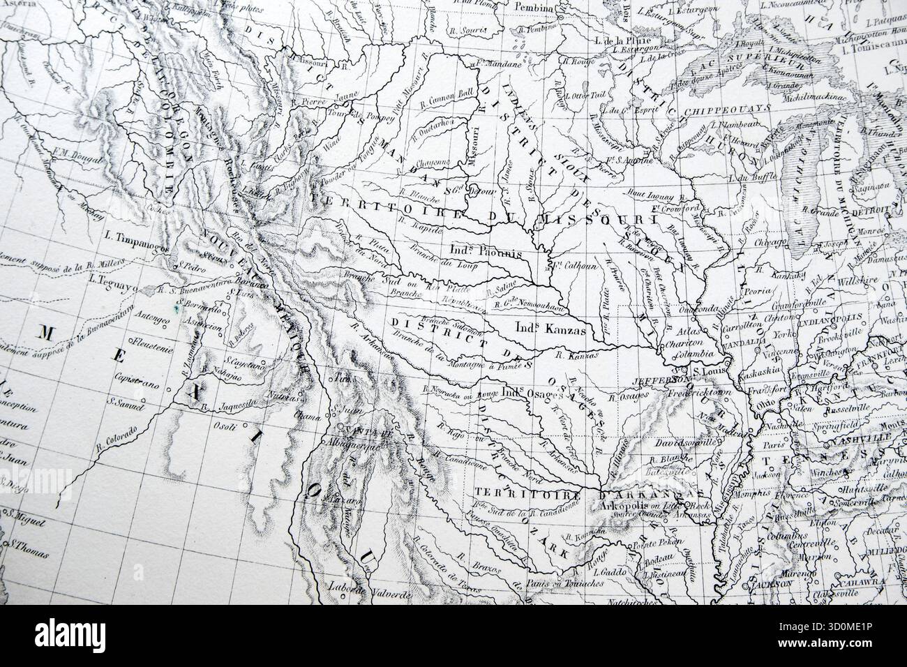 Mappa francese (XIX secolo) di TERRITOIRE DU MISSOURI e Ind Kansas. Storica frontiera americana. Foto Stock