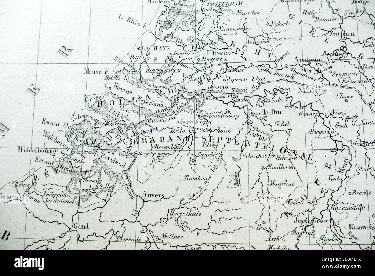 Mappa dettagliata del BRABANTE SEPTENTRIONAL e del delta del Reno/Mosa (Paesi Bassi). cartografia del xix secolo. Foto Stock