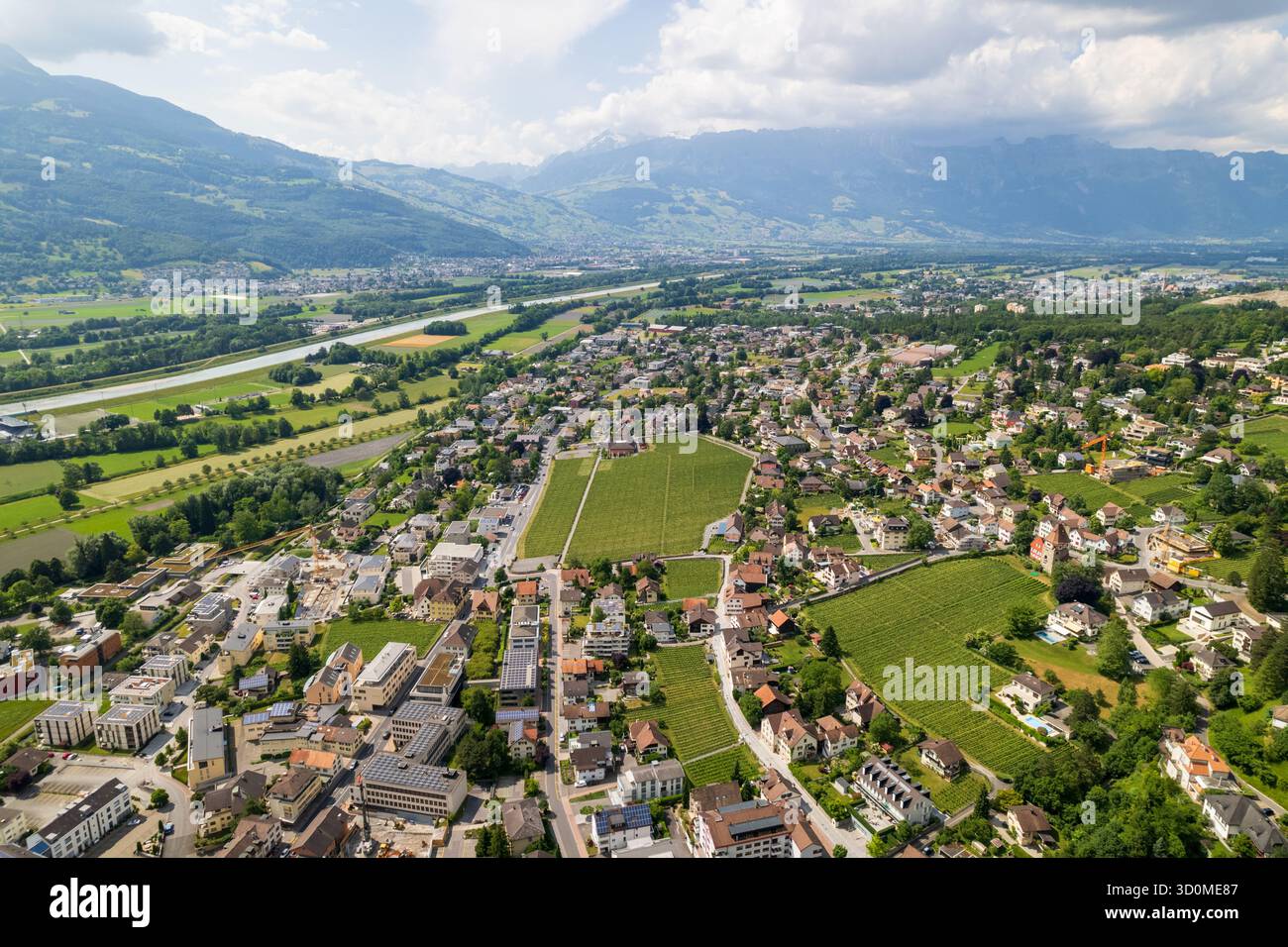 Veduta aerea della città annidata tra campi verdeggianti e vigneti, con le maestose Alpi che incombono sullo sfondo, Balzers, Svizzera. Foto Stock