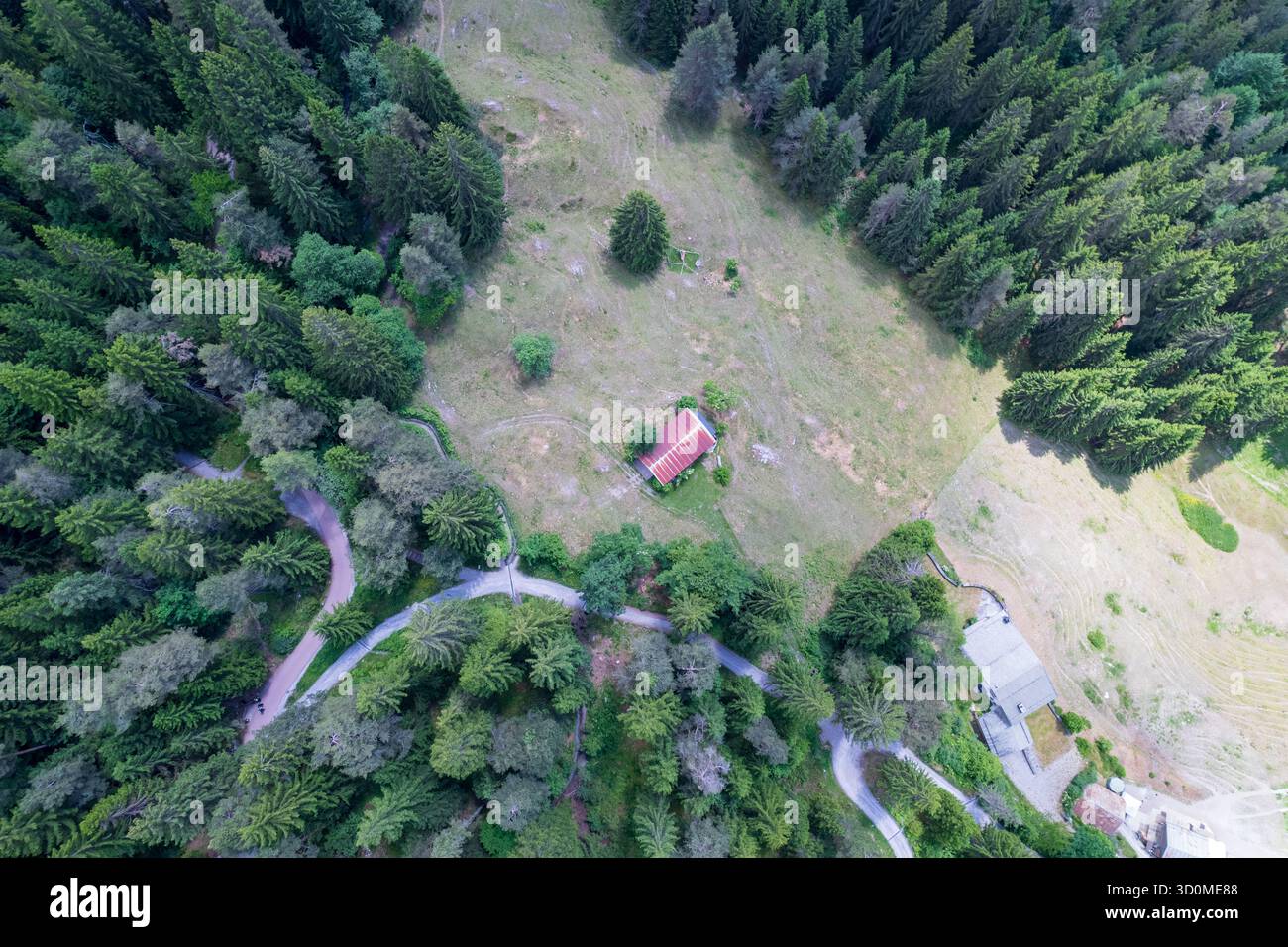 Veduta aerea di una solitaria casa dal tetto rosso immersa in una radura, abbracciata da una fitta foresta di alberi verdeggianti, tagliata in due da strade tortuose, la Chaux-de-Fonds, Svizzera. Foto Stock
