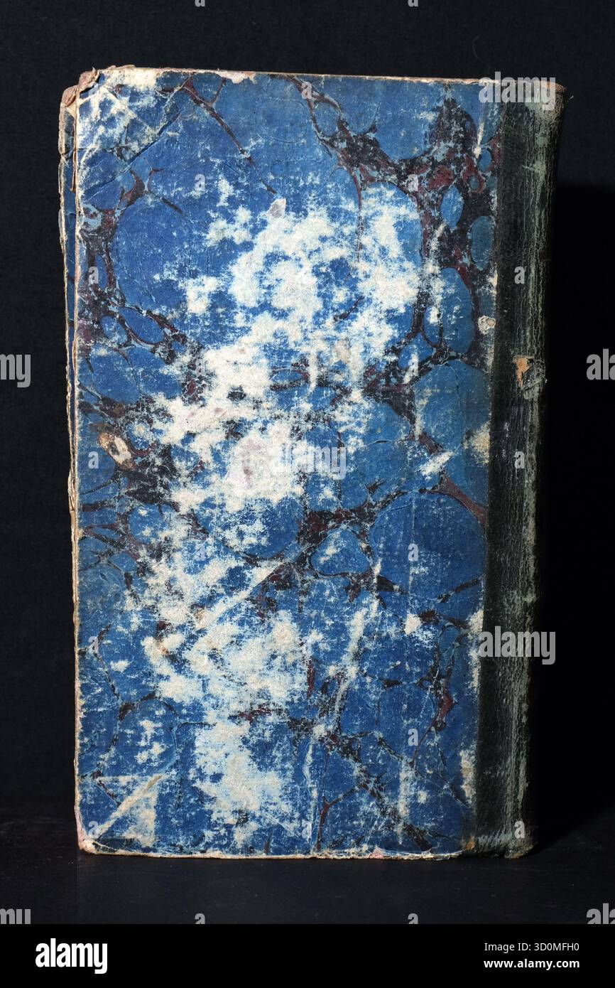 Un libro antico chiuso con una copertina in carta marmorizzata blu, bianca e Bordeaux molto usurata e una dorsale in pelle scura deteriorata (vista anteriore e posteriore). Foto Stock