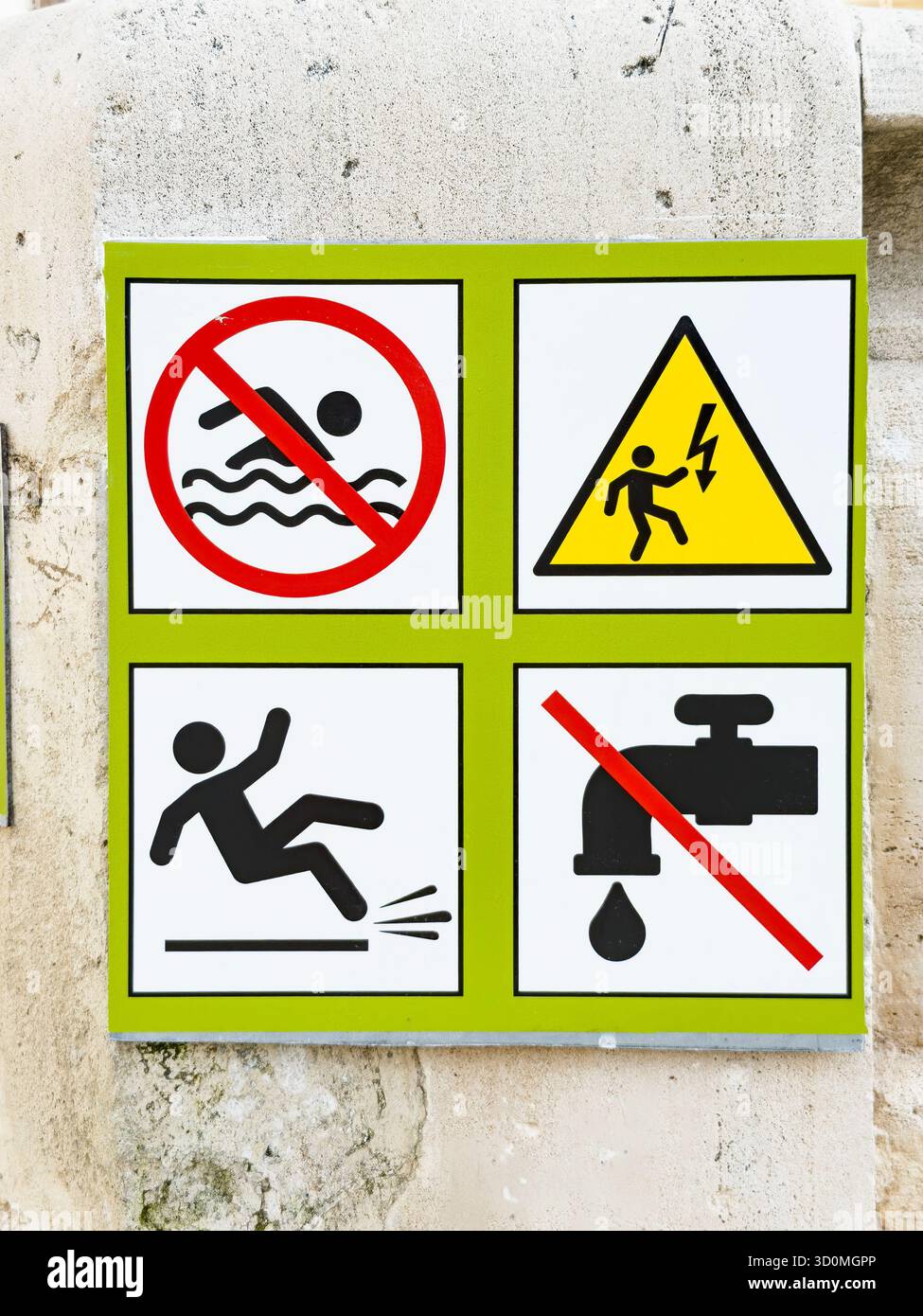 Segnali di pericolo che indicano l'assenza di nuoto, il rischio di scosse elettriche, il pericolo di superfici scivolose, non sprecare acqua, non bere acqua - Immagine stock catturata con smartphone