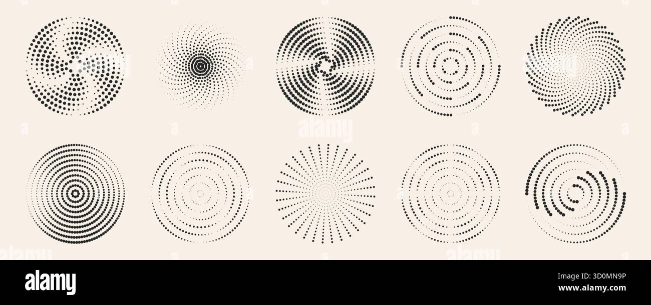 Pattern a ondulazione radiale con punti con cerchi concentrici e formazioni a spirale su sfondo beige. Design geometrico a puntini neri con texture a mezzitoni. Effetti di movimento circolare minimalista astratto. Illustrazione Vettoriale