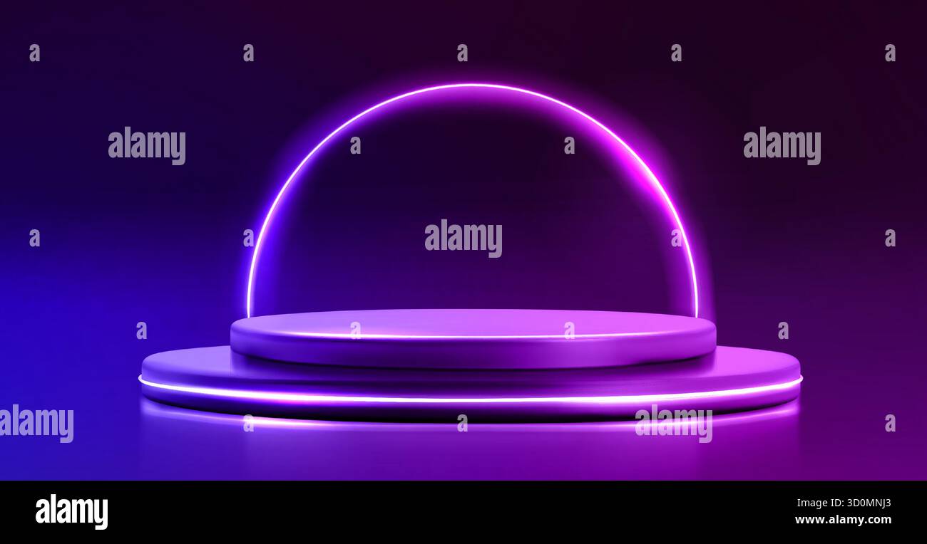 Podio 3d rotondo con retroilluminazione blu neon e viola. Illustrazione vettoriale realistica del palco a due livelli per la presentazione del prodotto con brillante semicerchio sullo sfondo, piedistallo per la cerimonia di premiazione Illustrazione Vettoriale