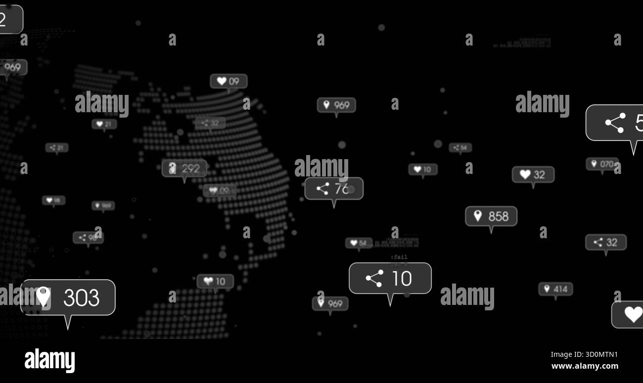 Evidenziando la bolla di condivisione bianca che mostra il numero 10 sul cruscotto, le bolle di coinvolgimento della mappa del mondo punteggiate Foto Stock