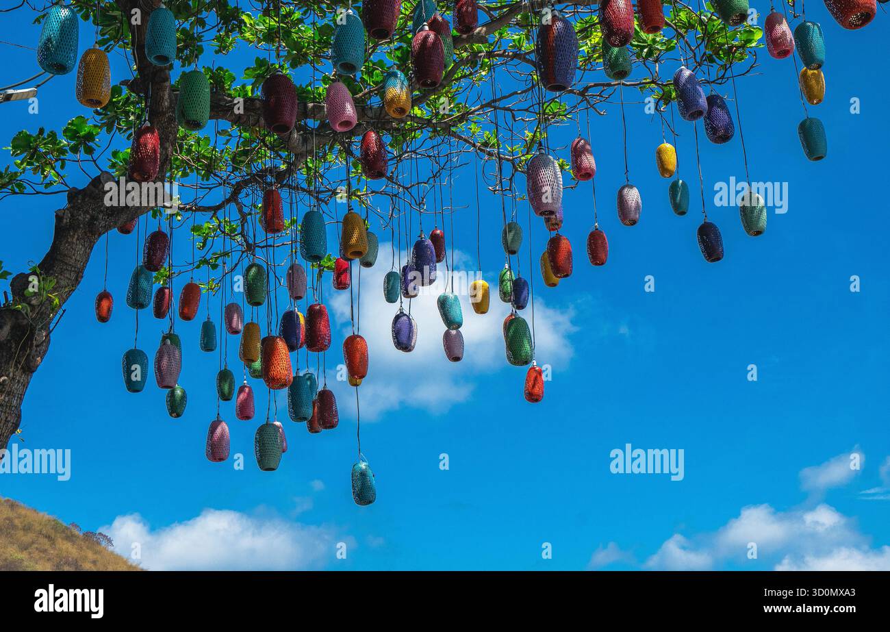 Lanterne colorate appese all'albero di Vung Tau, Vietnam: Decorazioni costiere festose contro il cielo blu Foto Stock