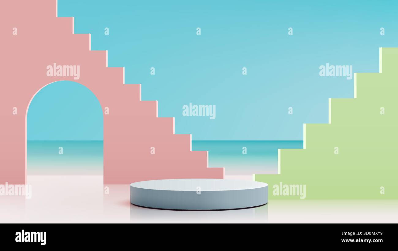 Tavolino vuoto podio azzurro per l'esposizione del prodotto. La scena pastello presenta un arco rosa e scale geometriche sfumano cielo e fondale marino, natura estiva c Illustrazione Vettoriale