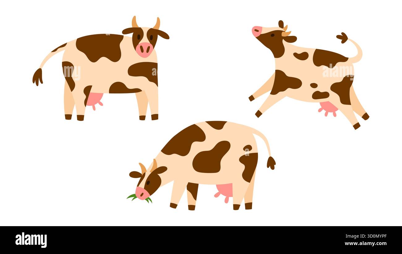 Set di giocose mucche da latte maculate con coda curva e mammelle visibili in diverse pose, semplice stile piatto, isolate su bianco. Ideale per la fattoria, il latte, A. Illustrazione Vettoriale