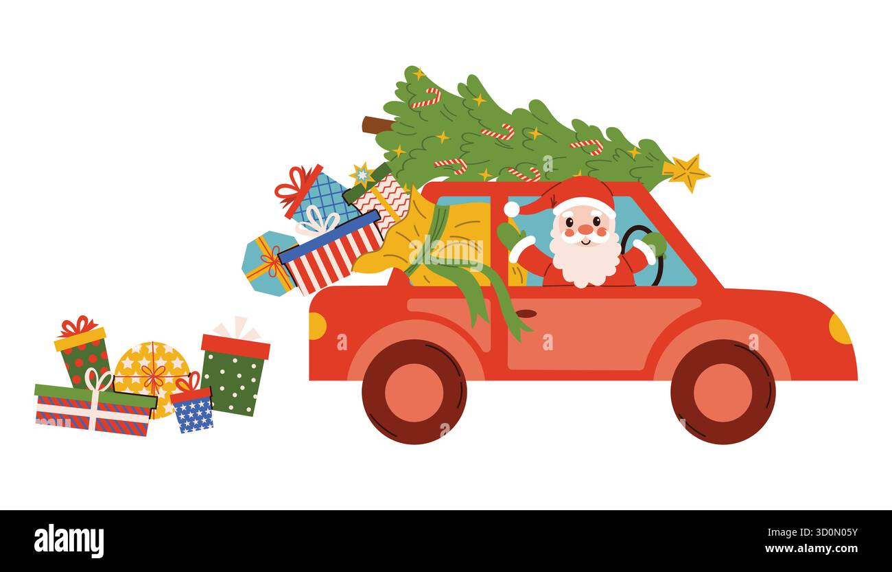 Allegro Babbo Natale che sventola dall'auto rossa con l'albero di Natale e scatole regalo cadono dal sacco in un accogliente stile cartoni animati piatto. Perfetto per il design natalizio Illustrazione Vettoriale