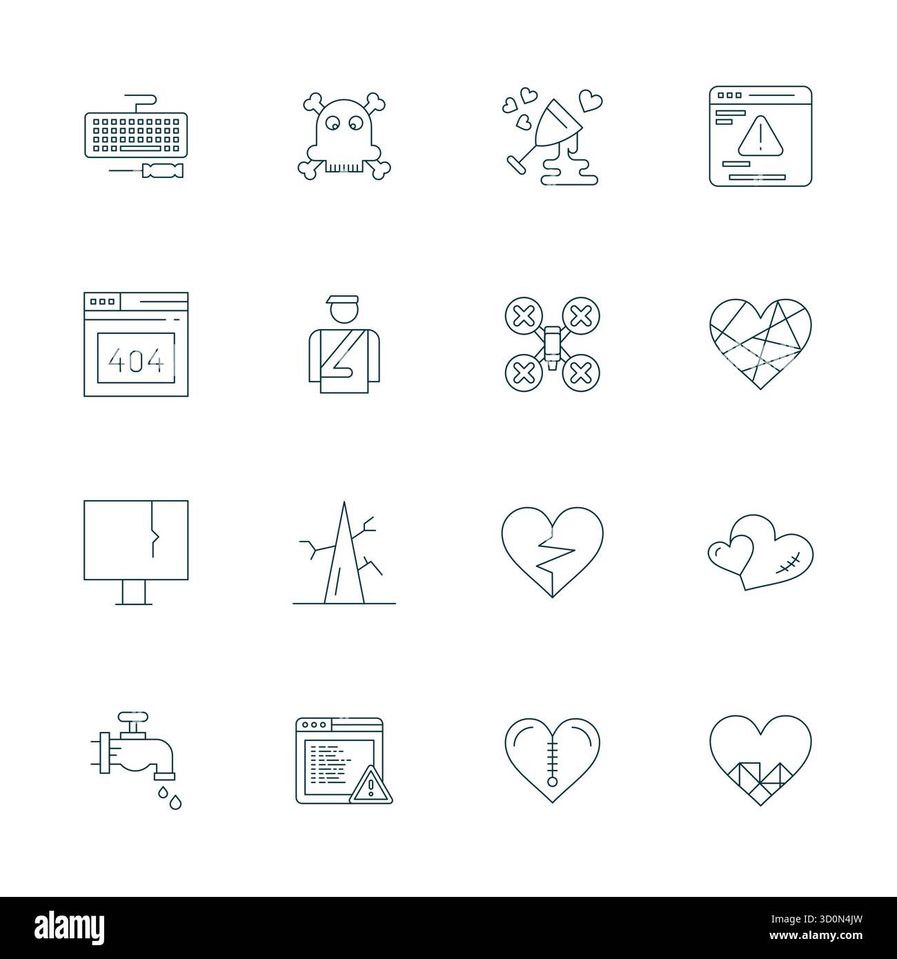 Kit di strumenti completo di 16 icone vettoriali incentrate su Broken, sviluppato in linea sottile con dettagli 128x128 precisione migliorata per un design versatile Illustrazione Vettoriale