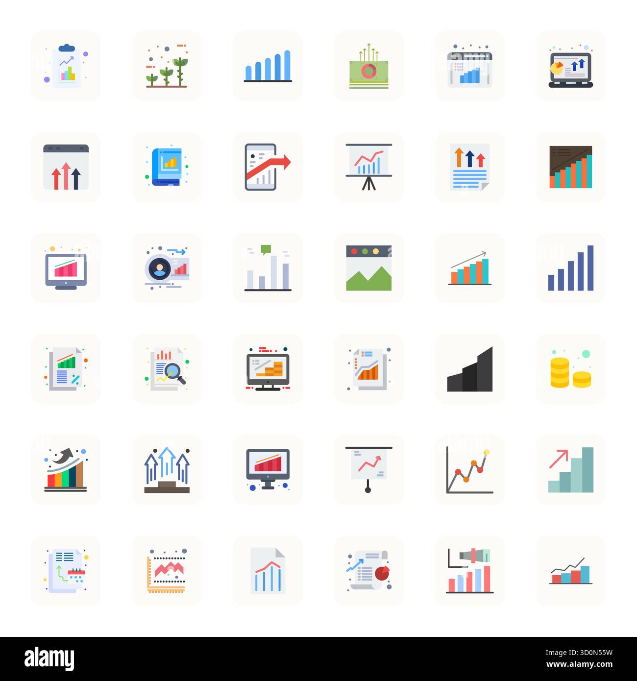 Collezione contemporanea di 36 icone vettoriali che rappresentano un aumento dell'estetica piatta, con risoluzione modificabile 128x128 per lo sviluppo di applicazioni moderne Illustrazione Vettoriale
