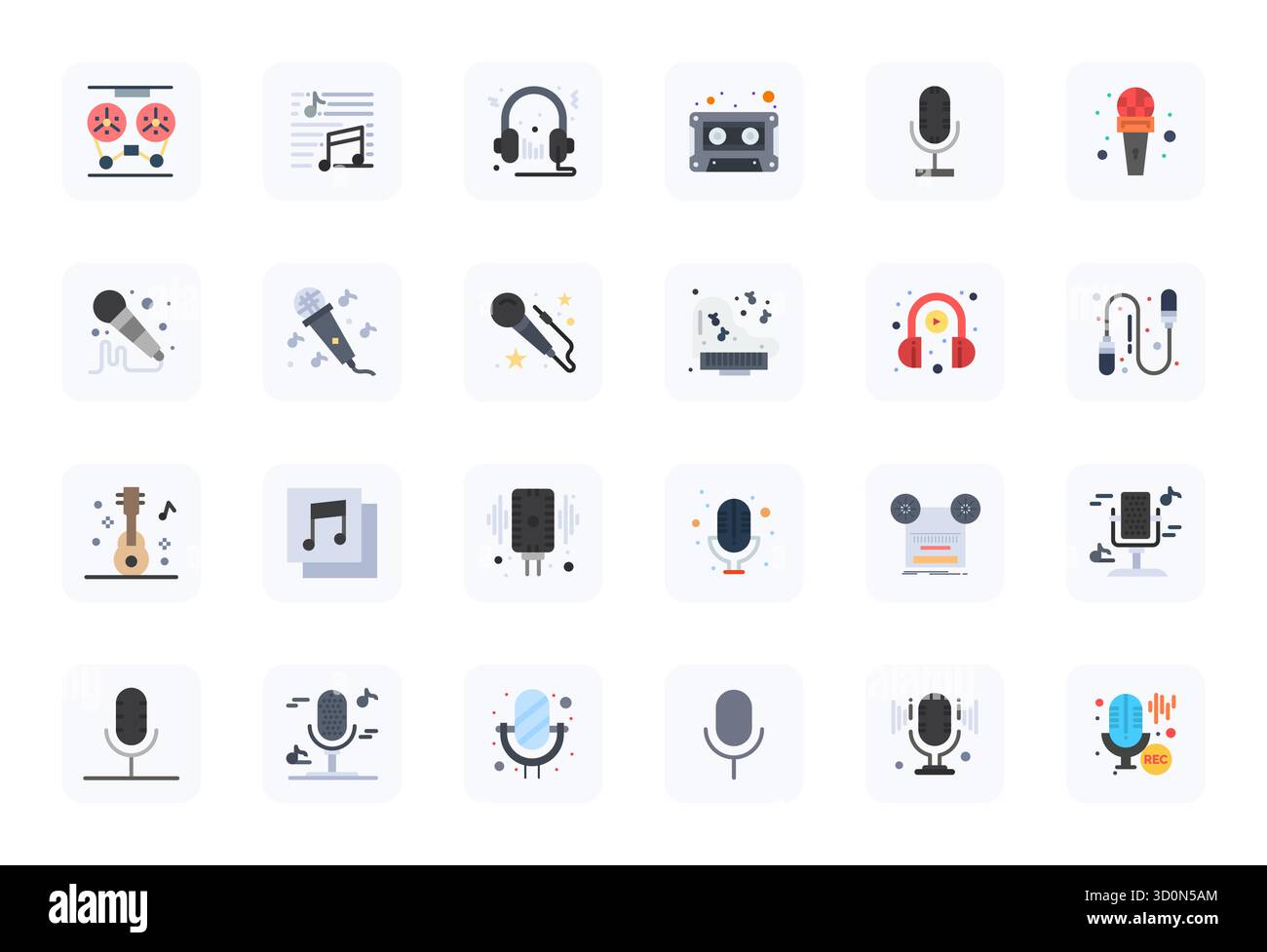 Sblocca 24 icone vettoriali ottimizzate Flat Pixel ispirate alla registrazione audio, ottimizzate in formato 256x256 per una visualizzazione impeccabile su tutti i dispositivi. Illustrazione Vettoriale