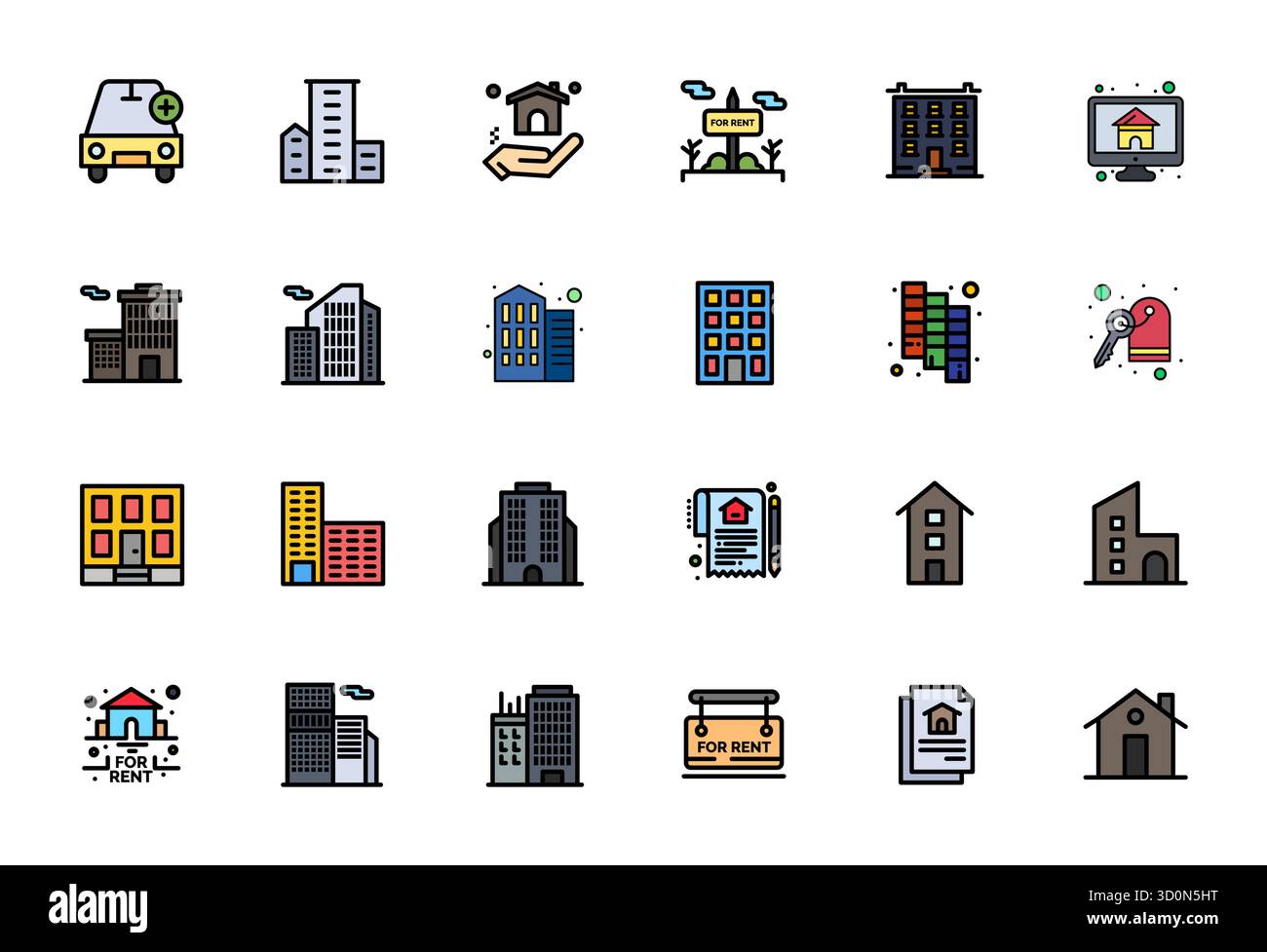 24 icone vettoriali pixel allineate a linea piatta progettate da esperti per il noleggio, progettate con una risoluzione 64 x 64 per un'integrazione e prestazioni impeccabili. Illustrazione Vettoriale