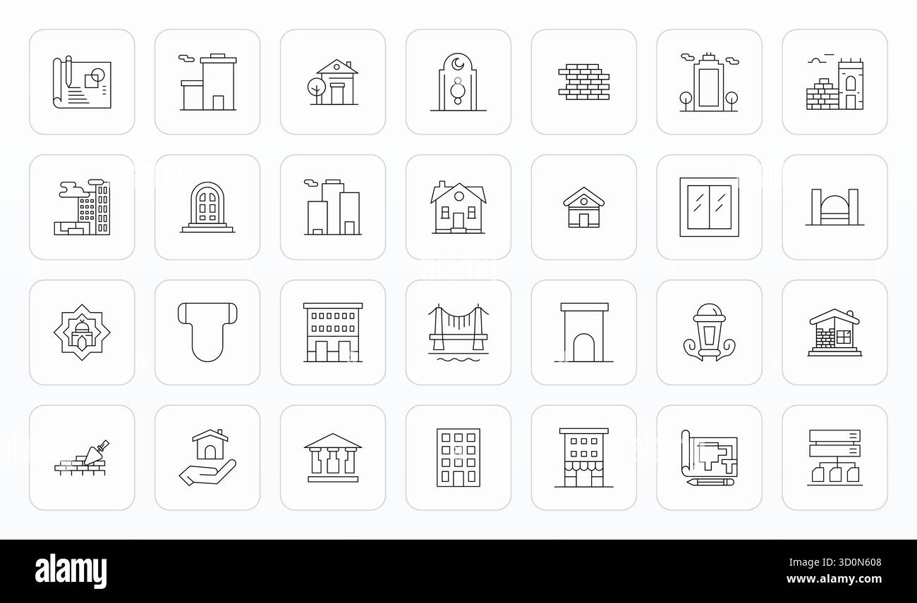 Collezione avanzata di 28 icone vettoriali con montaggio a griglia ispirate all'architettura, realizzate in linea sottile con ottimizzazione 256x256 per un'eccellente visibilità visiva Illustrazione Vettoriale