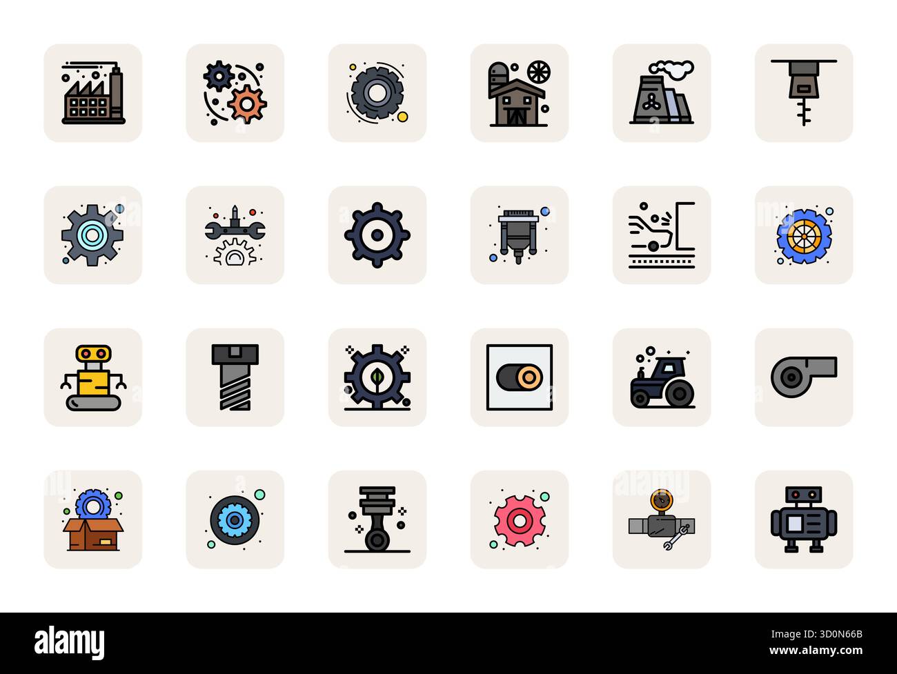 24 icone vettoriali LineFilled attentamente curate per macchinari, con risoluzione perfetta IN PIXEL ad alta risoluzione per una rappresentazione coerente del marchio e. Illustrazione Vettoriale