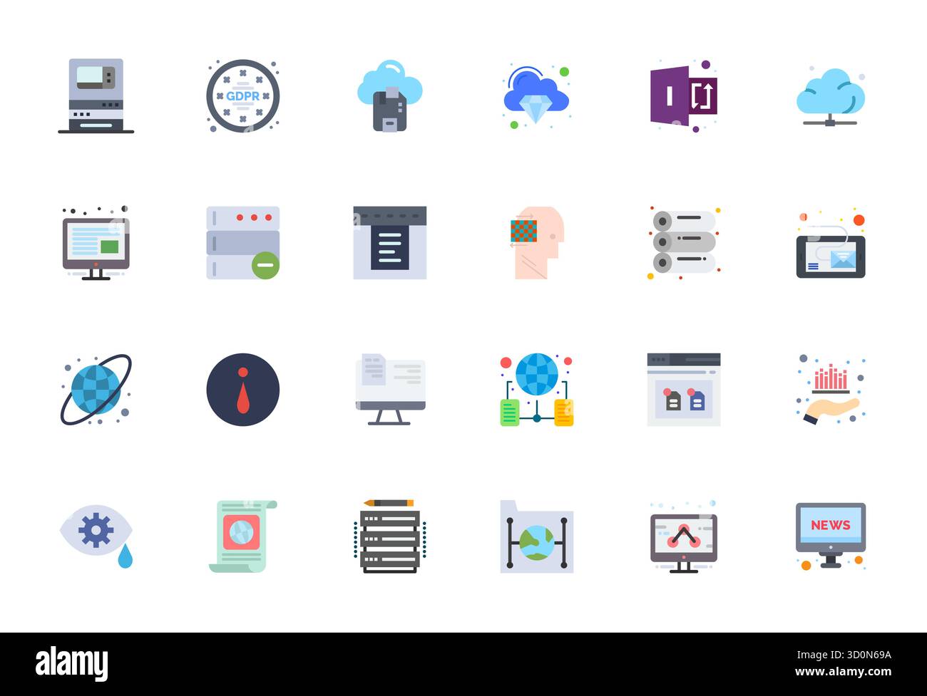 Pacchetto completo con 24 icone vettoriali in design piatto per l'Information Technology, con una nitida qualità allineata a 128 x 128 pixel. Illustrazione Vettoriale